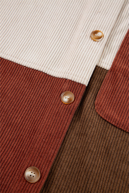 Colorblock Curved Hem Corduroy Shacket with Pocket